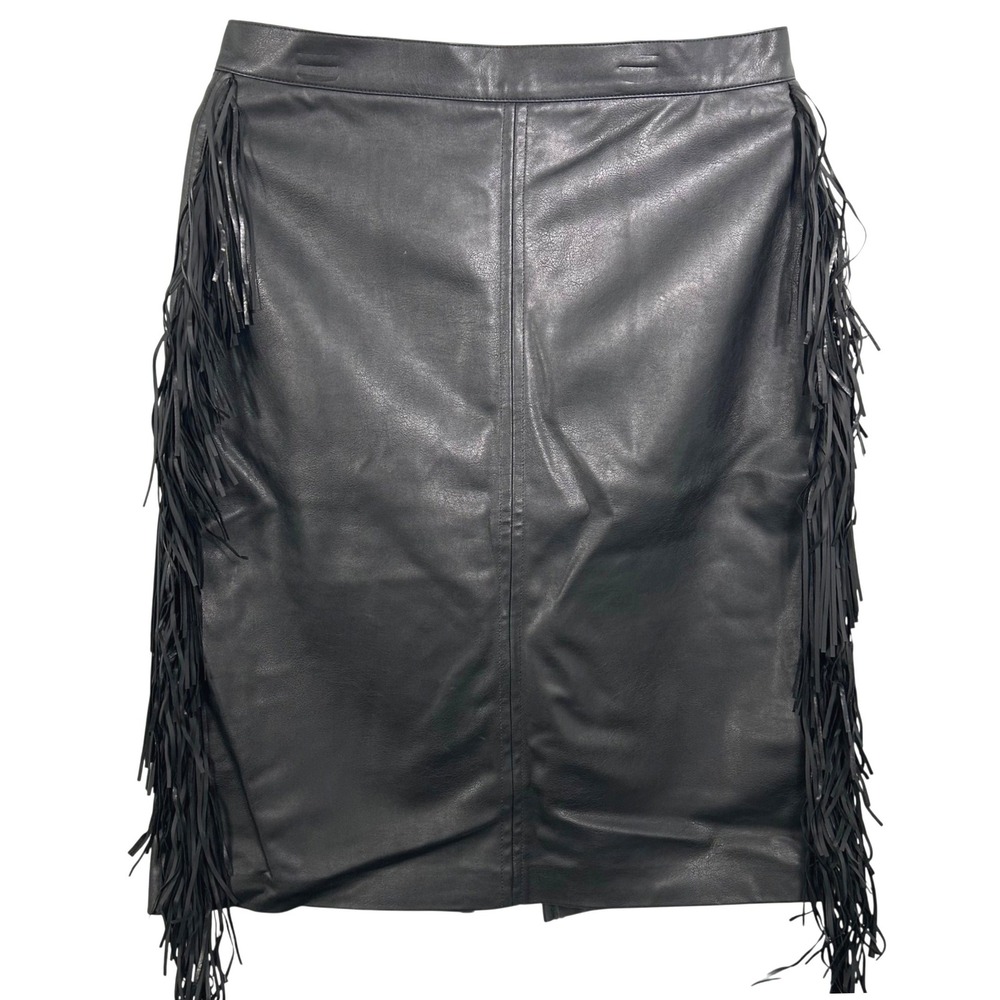 HM Edition Black Faux Leather Fringe Pencil Skirt Size 10 Vamp Goth Witchy